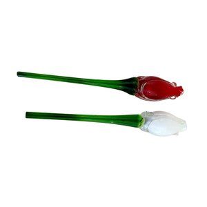 Set of 2 Vintage 8" Hand Blown Glass Rose Buds Red White Studio Art